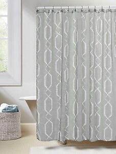 Gray linen textured sheer fabric shower curtain white geo