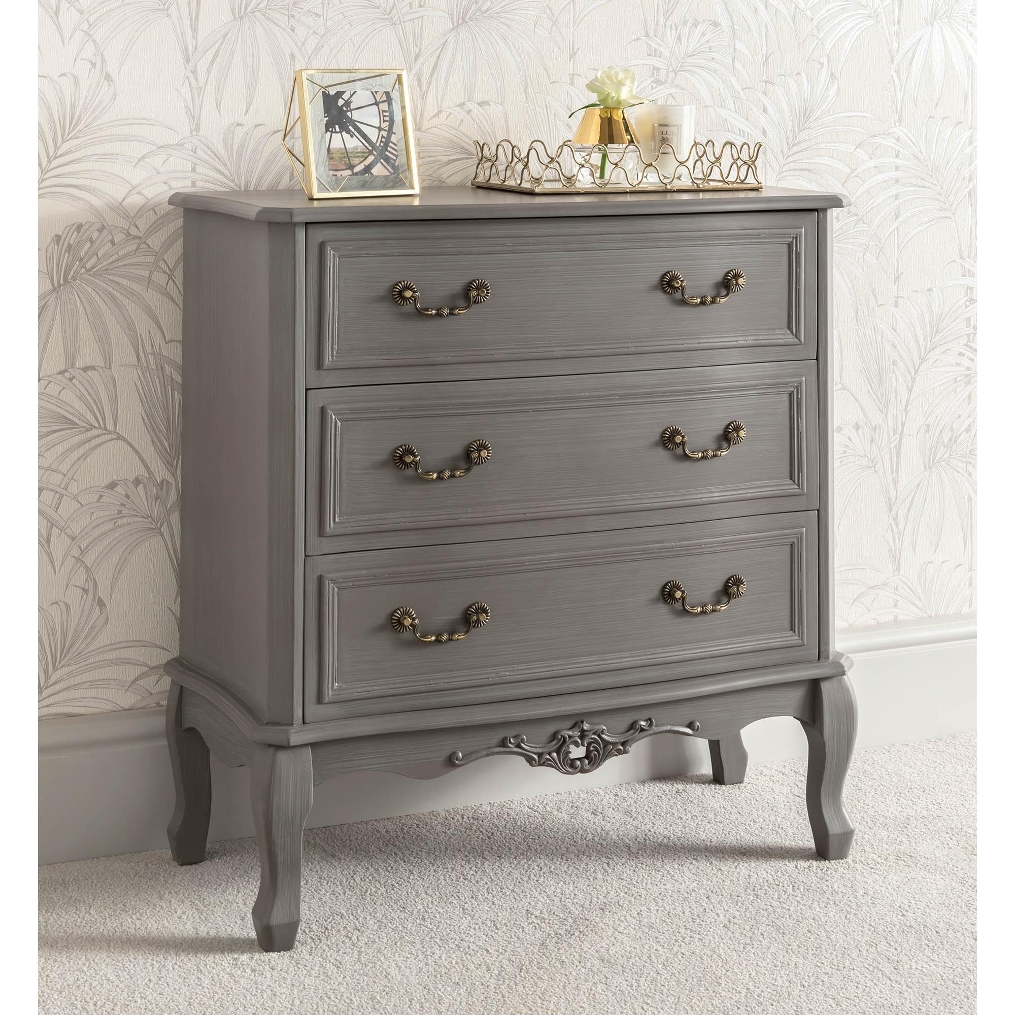Grey 3 drawer antique french style chest of drawers