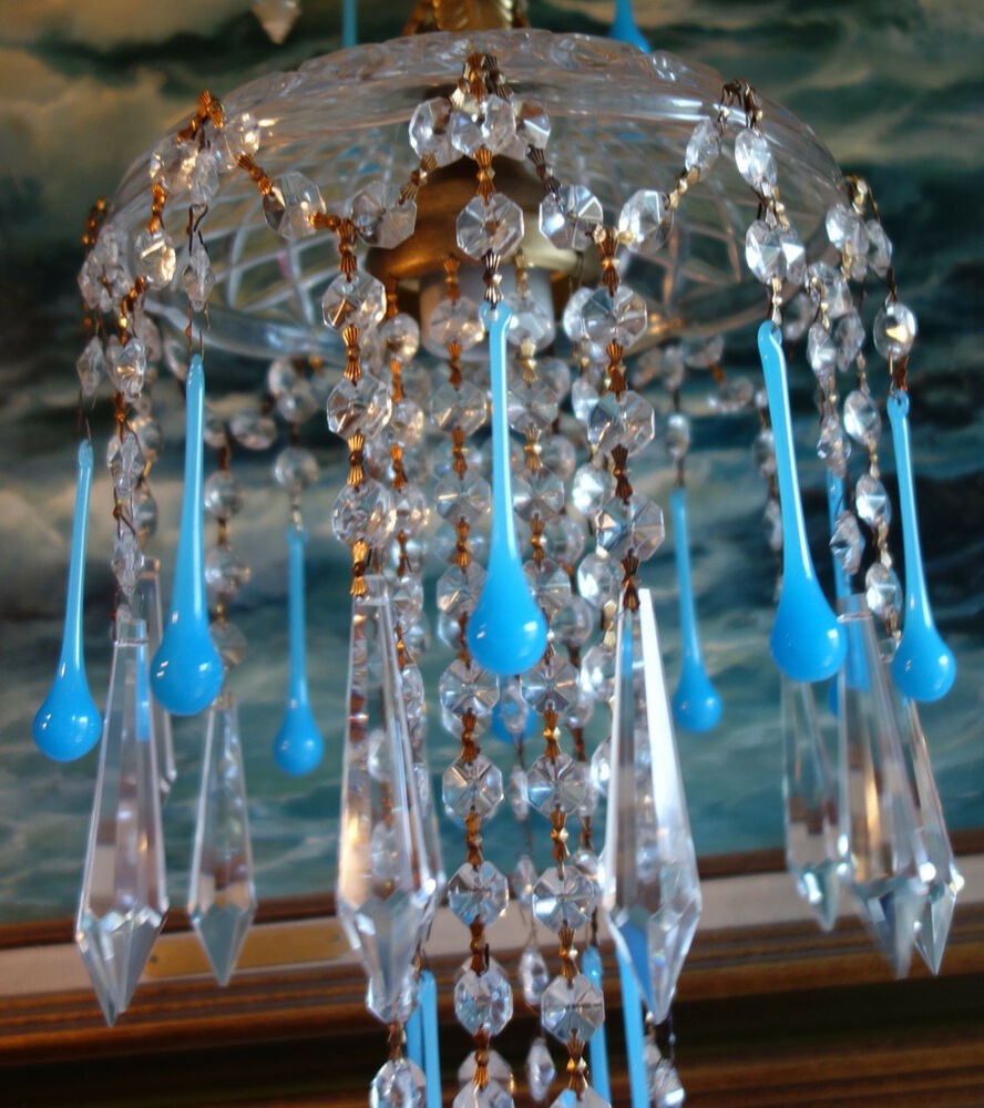 Hanging vintage lamp brass toleware crystal prisms opaline
