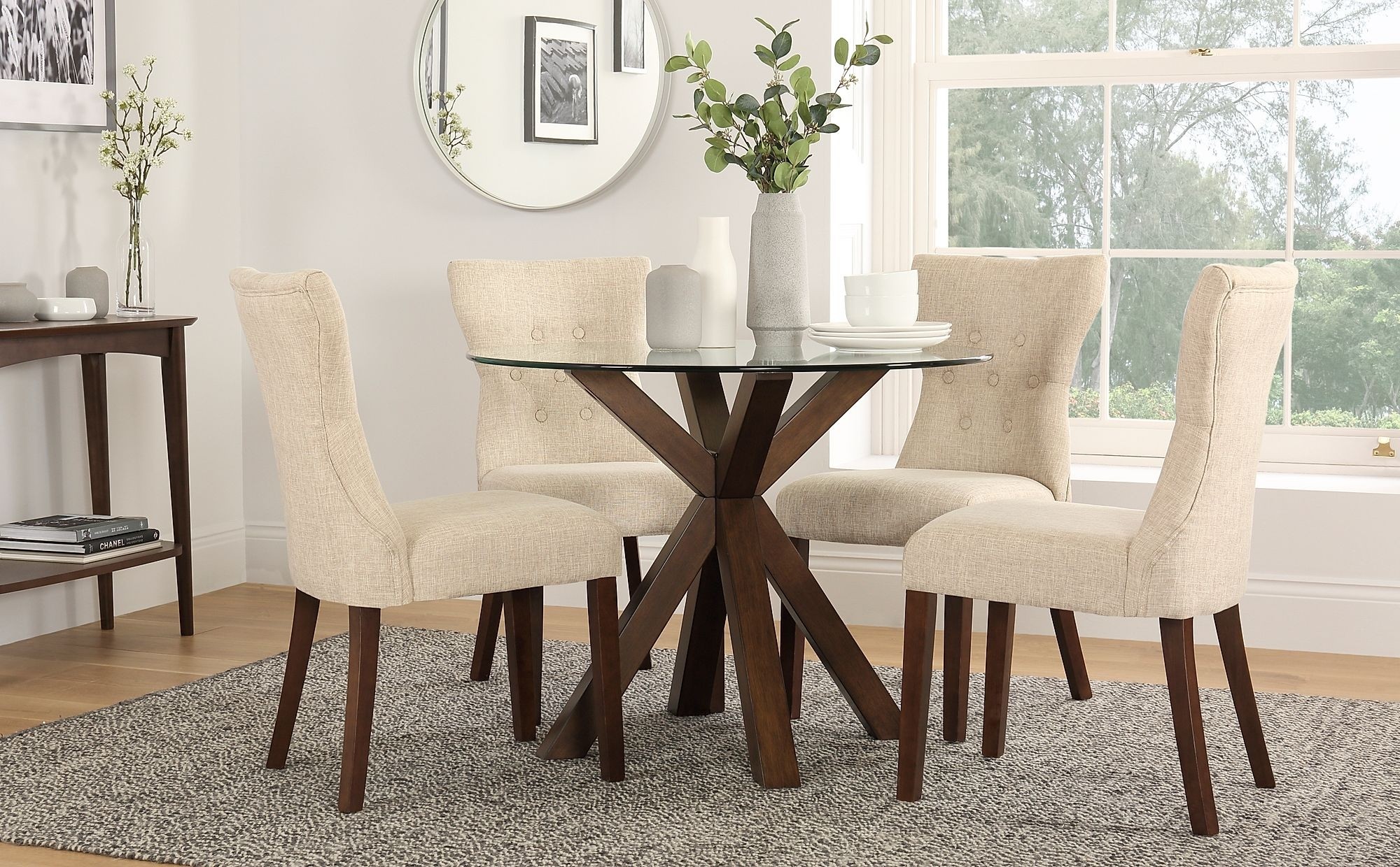 Hatton round dark wood and glass dining table with 4