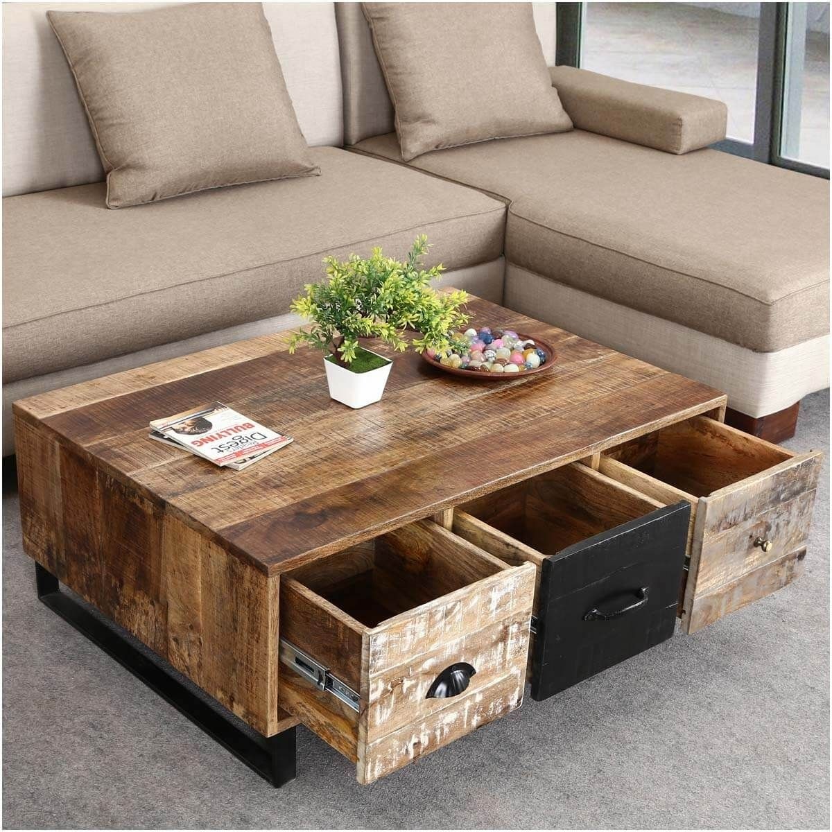 Industrial pioneer mango wood iron coffee table 3 drawer 2