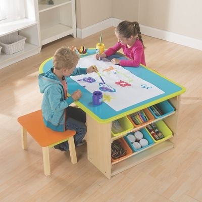 Kids art table with stools and storage from one step
