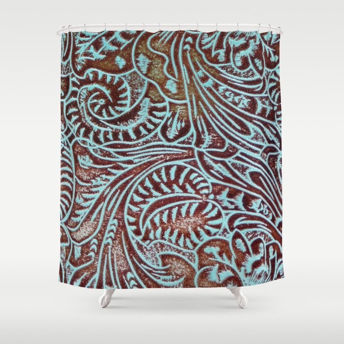 Light blue brown tooled leather shower curtain by