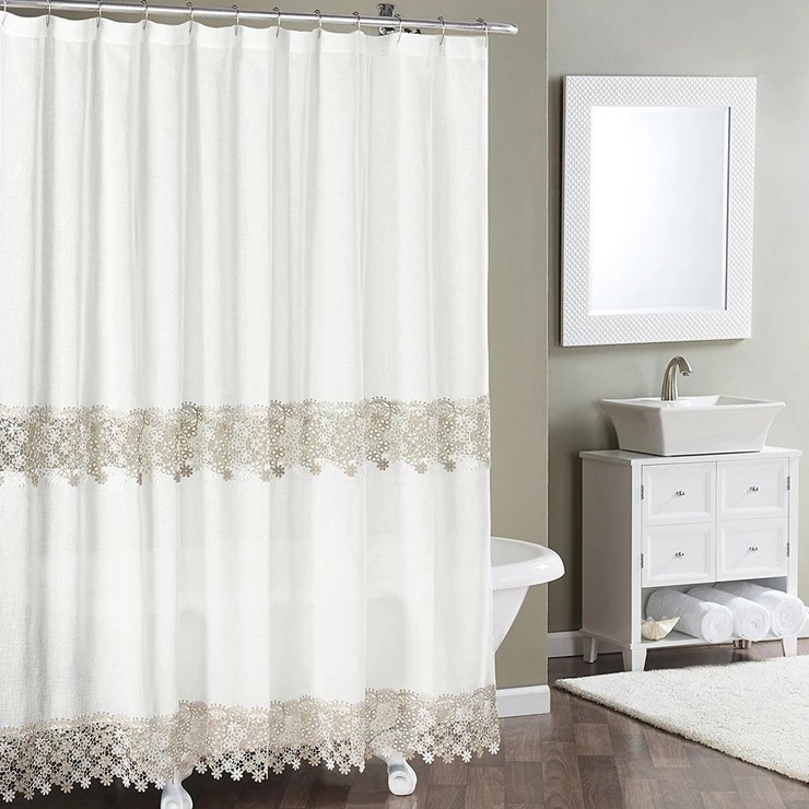 Lillian macrame band fabric shower curtain fabric shower