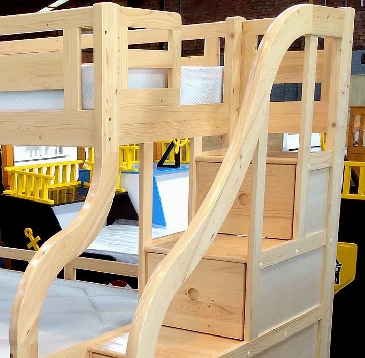 Luxury carved solid pine wood double bunk beds with staircase