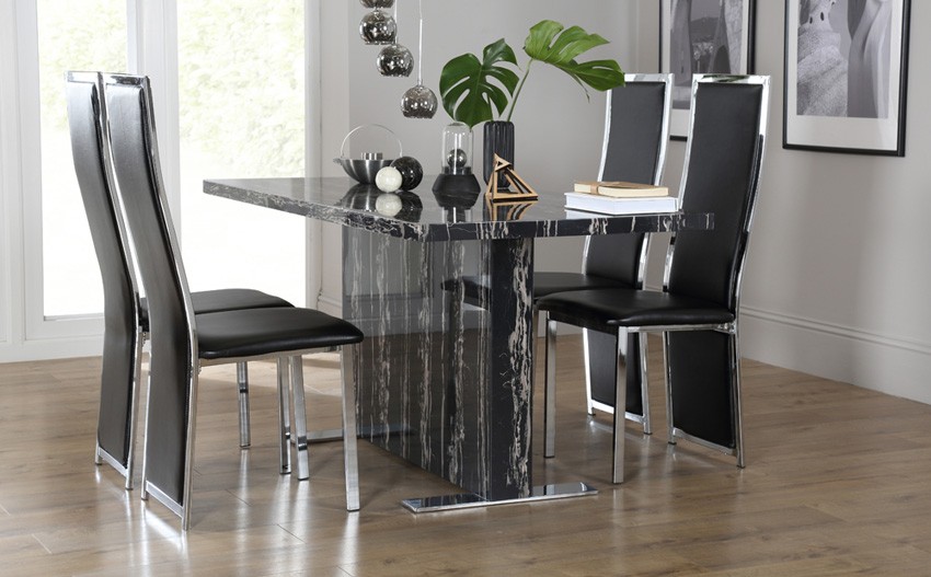 Magnus black marble dining table with 4 celeste black
