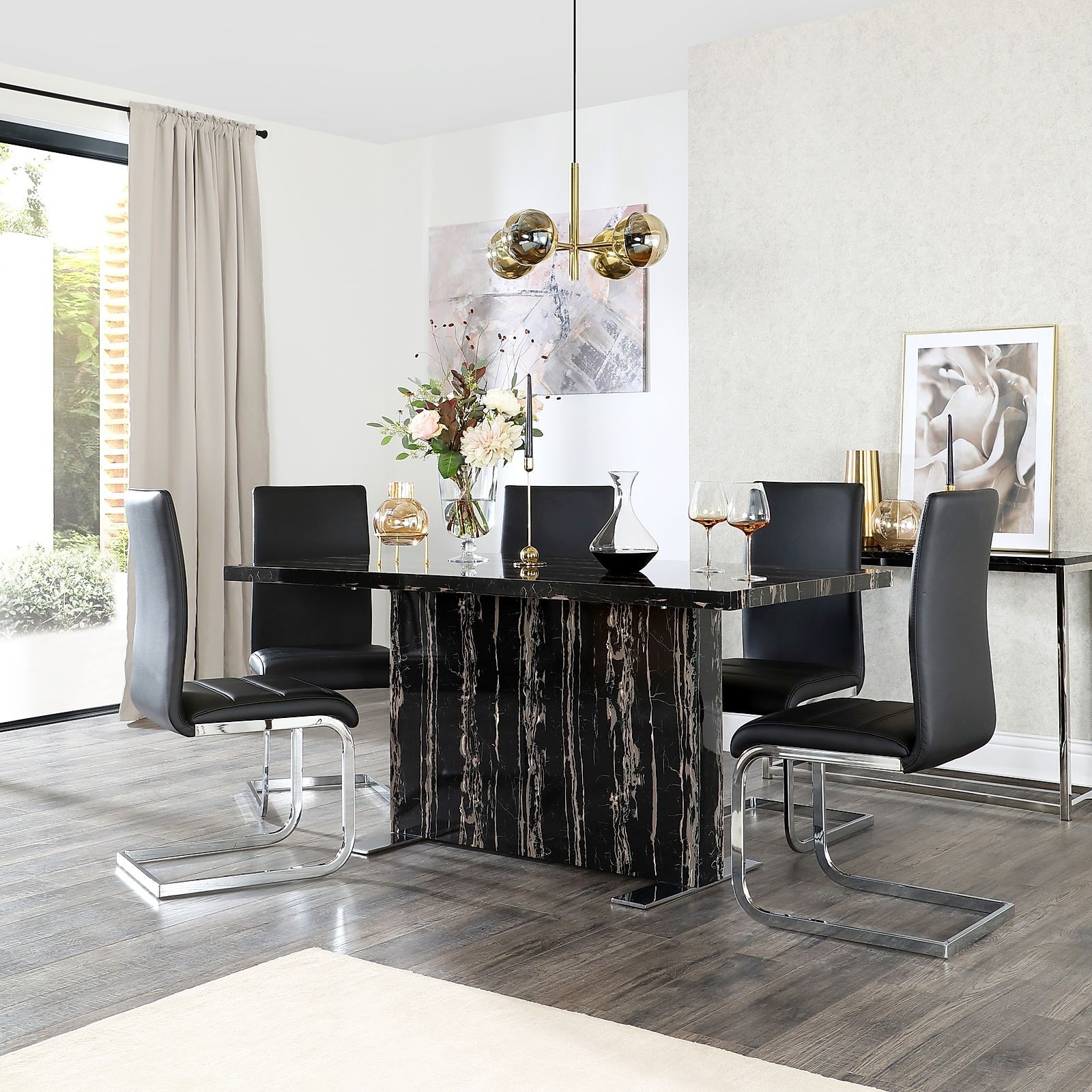 Magnus black marble dining table with 6 perth black