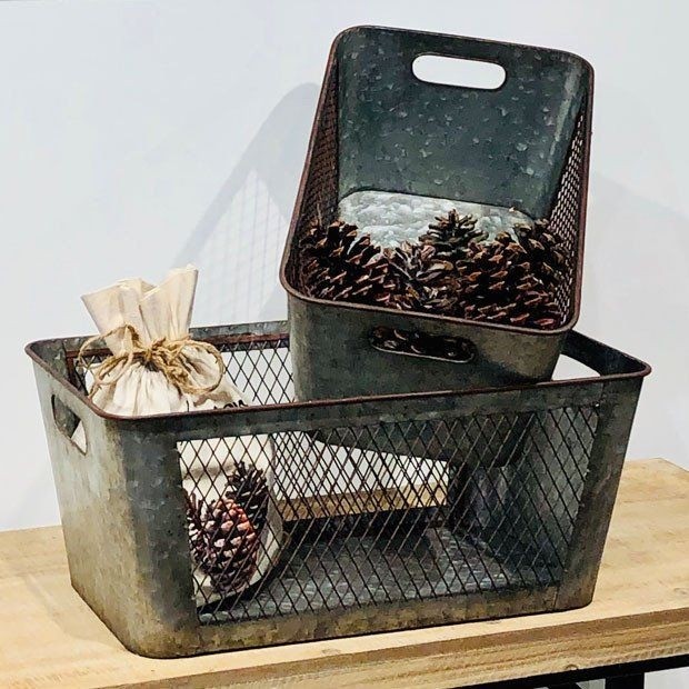 Galvanized Metal Baskets with Handles Set of 2 Small Decorative Storage Bins 