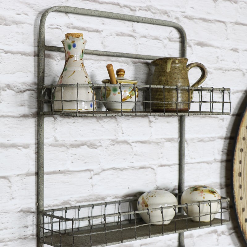 Metal wall mounted double basket shelf with rail 1