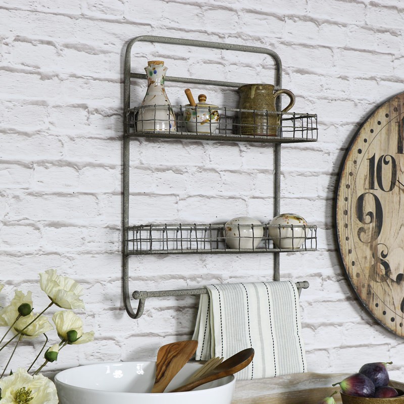 Metal wall mounted double basket shelf with rail