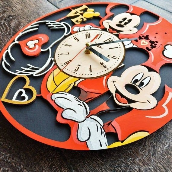 Mickey mouse wall clock wood decor art unique gift woman