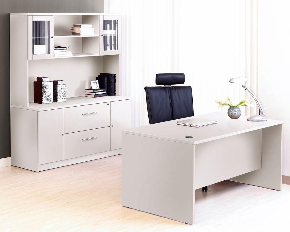 Modern executive desk plus credenza with hutch in white