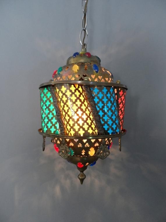 Moroccan jeweled lantern hanging lamp turkish brass ottoman