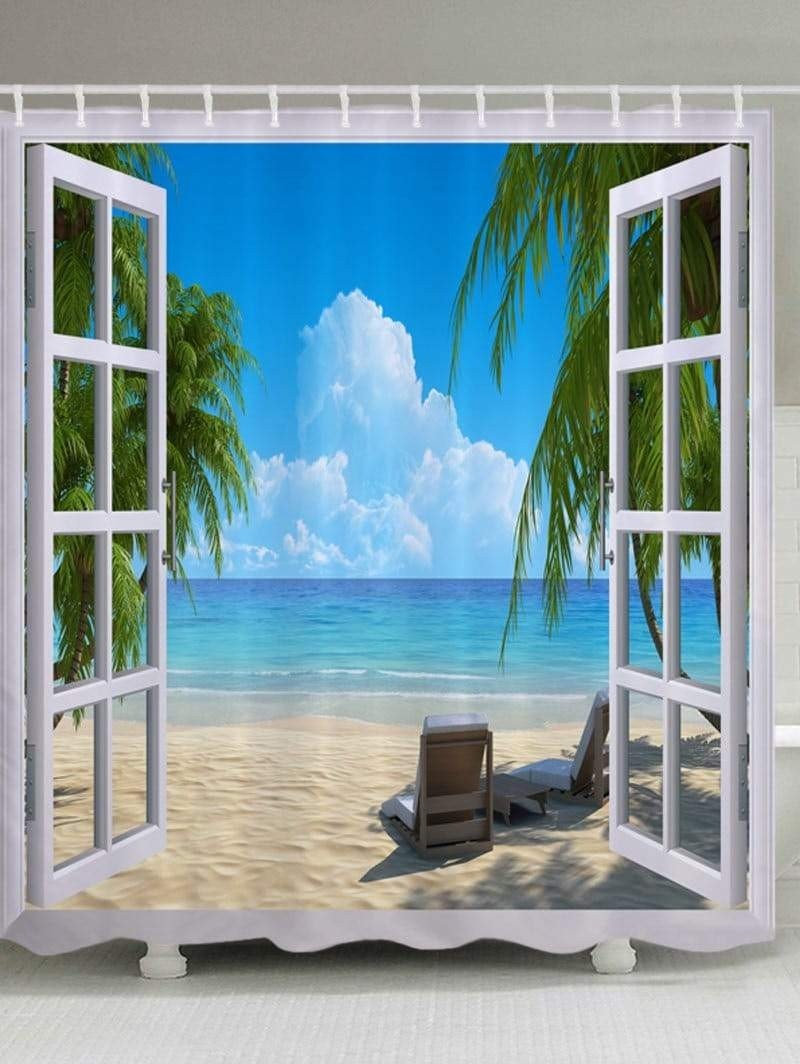 Nautical beach window views shower curtain blue bath decor 1