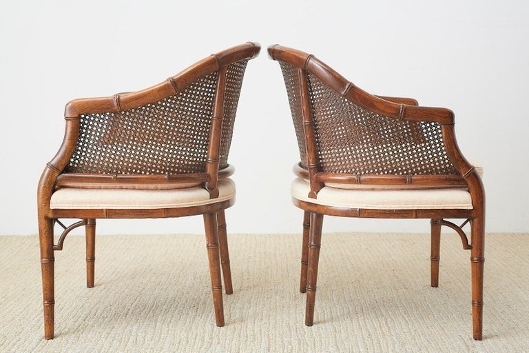Pair of midcentury faux bamboo caned barrel chairs for 3