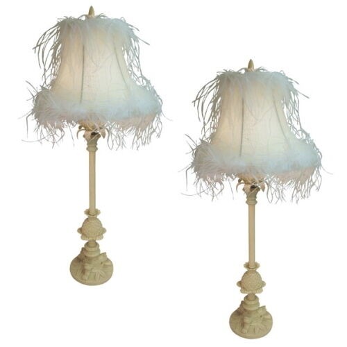 Pair table lamps 31 5 cream feather shabby chic 12
