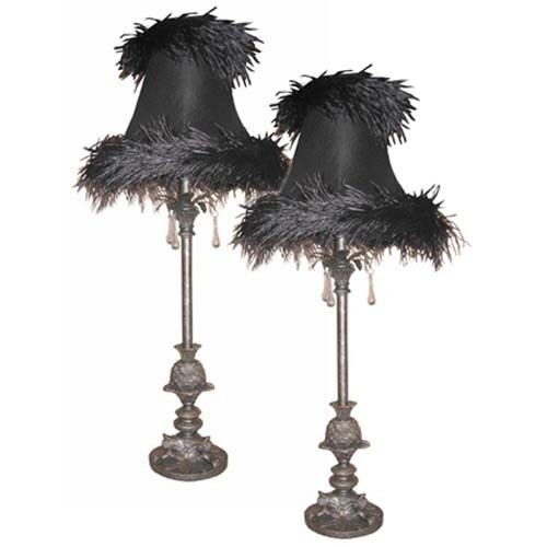 Pair table lamps 31 5 pewter black feather boudoir 12