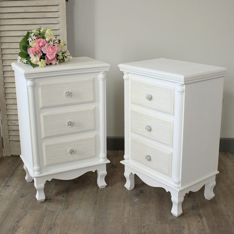 Pair white set bedside table cabinet chest shabby vintage