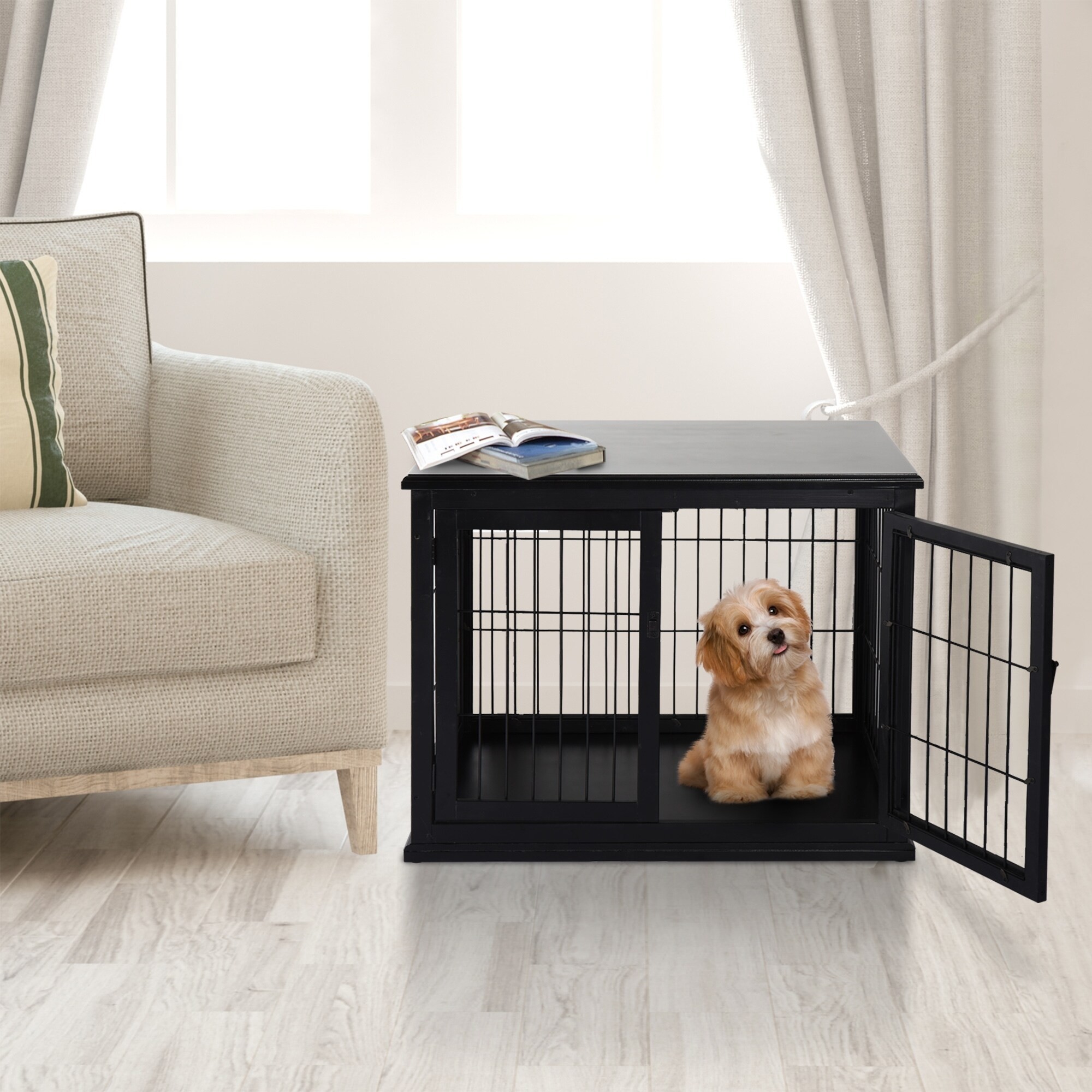 Pawhut 26 wooden decorative dog cage pet crate kennel with