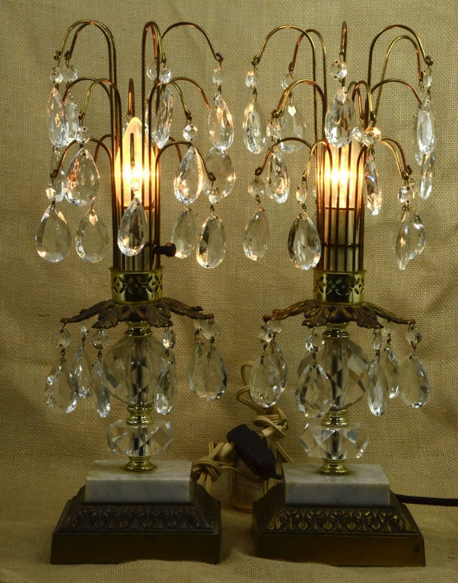 Pr 1930s crystal prisms waterfall table lamps