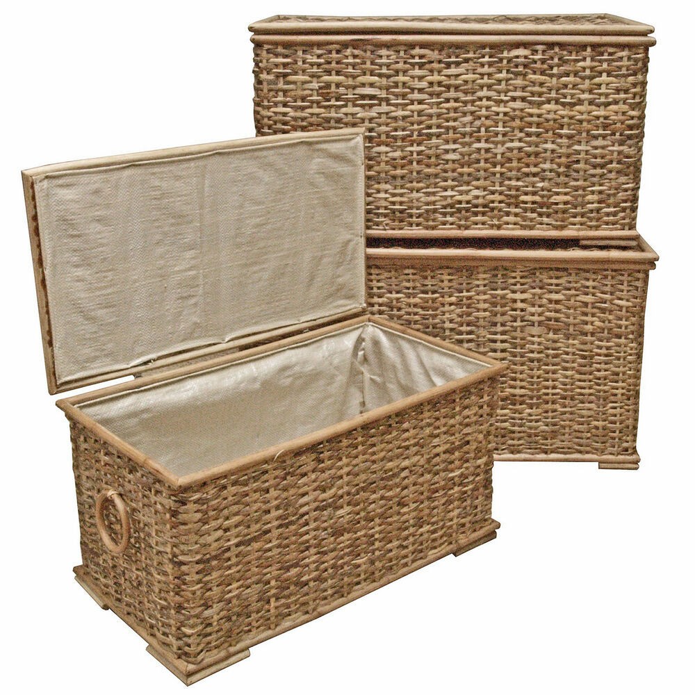 Rustic rattan trunk lined storage chest wicker laundry 2