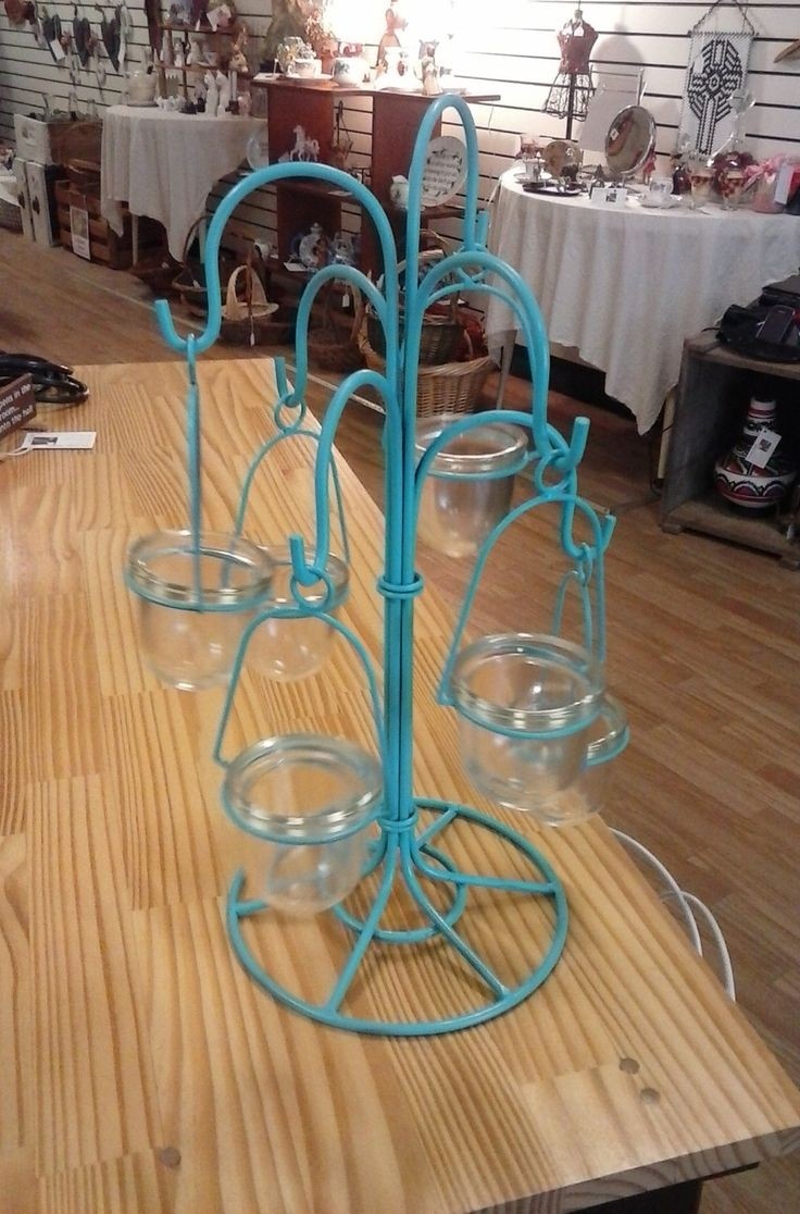 Shabby chic teal wrought iron candle holder tree home