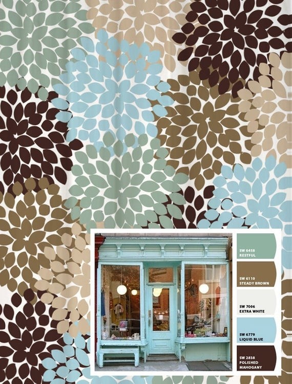 Shower curtain blue brown storefront inspired floral standard