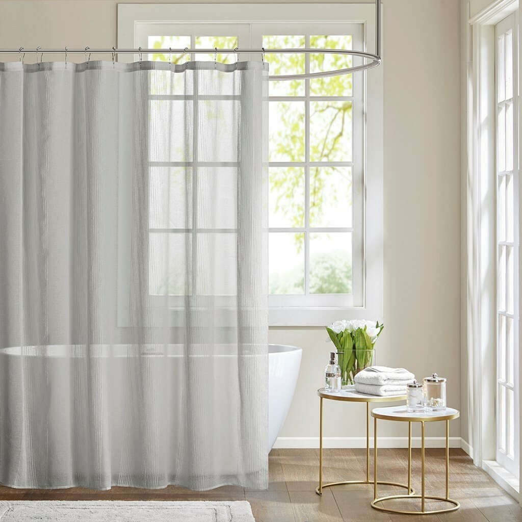 Soft grey sheer stripe textured fabric shower curtain 72