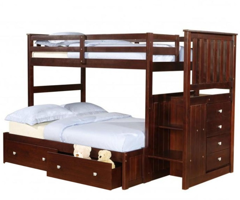 Solid wood espresso twin over full staircase bunk bed with