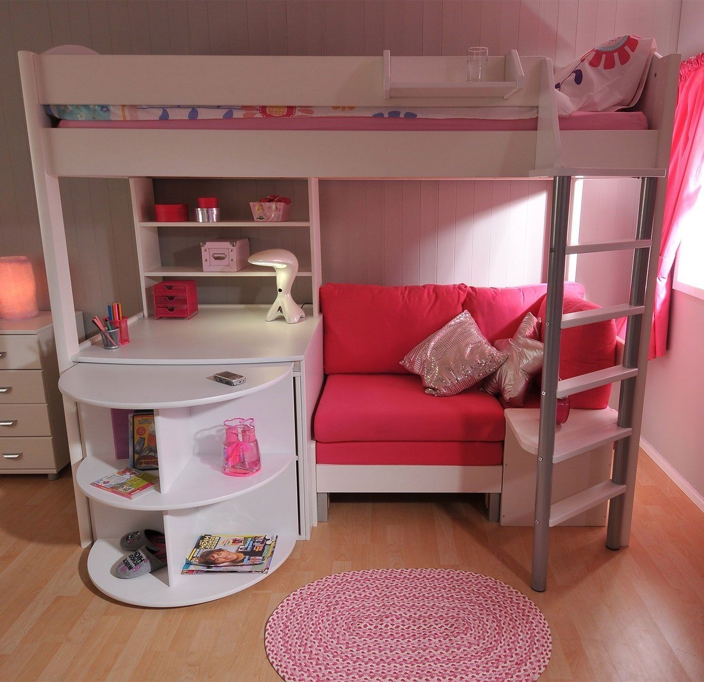 Stompa casa 4 white loft bed with desk and pink