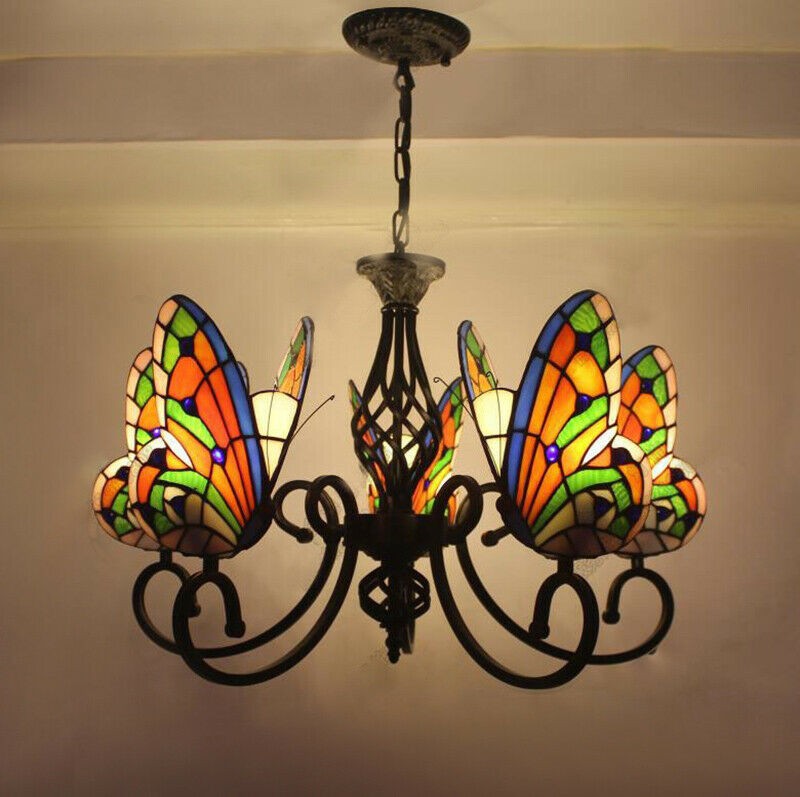 Tiffany butterfly stained glass chandelier wrought iron