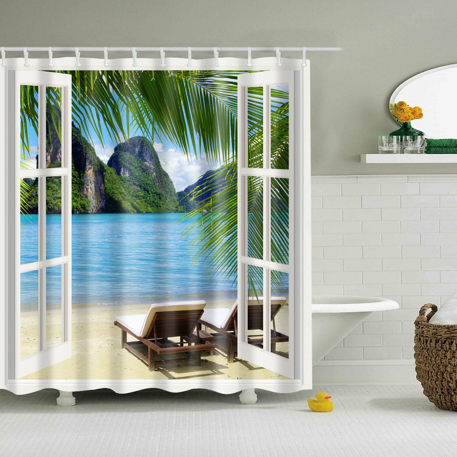Tropical scenery shower curtain 3d window beach themed