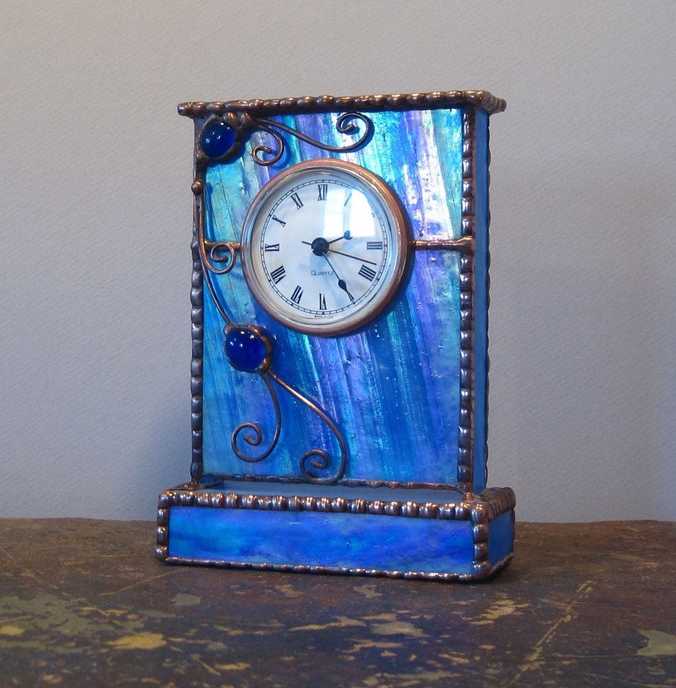 Unique stained glass mantle shelf clock cobalt blue by