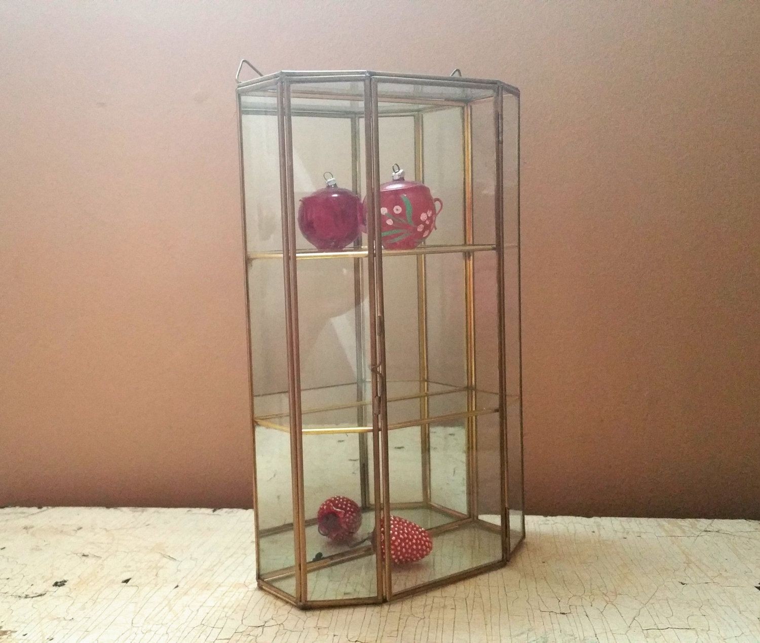 Vintage brass and glass curio cabinet miniatures wall
