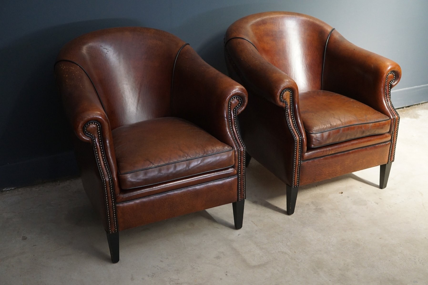 Vintage cognac leather club chairs set of 2 for sale