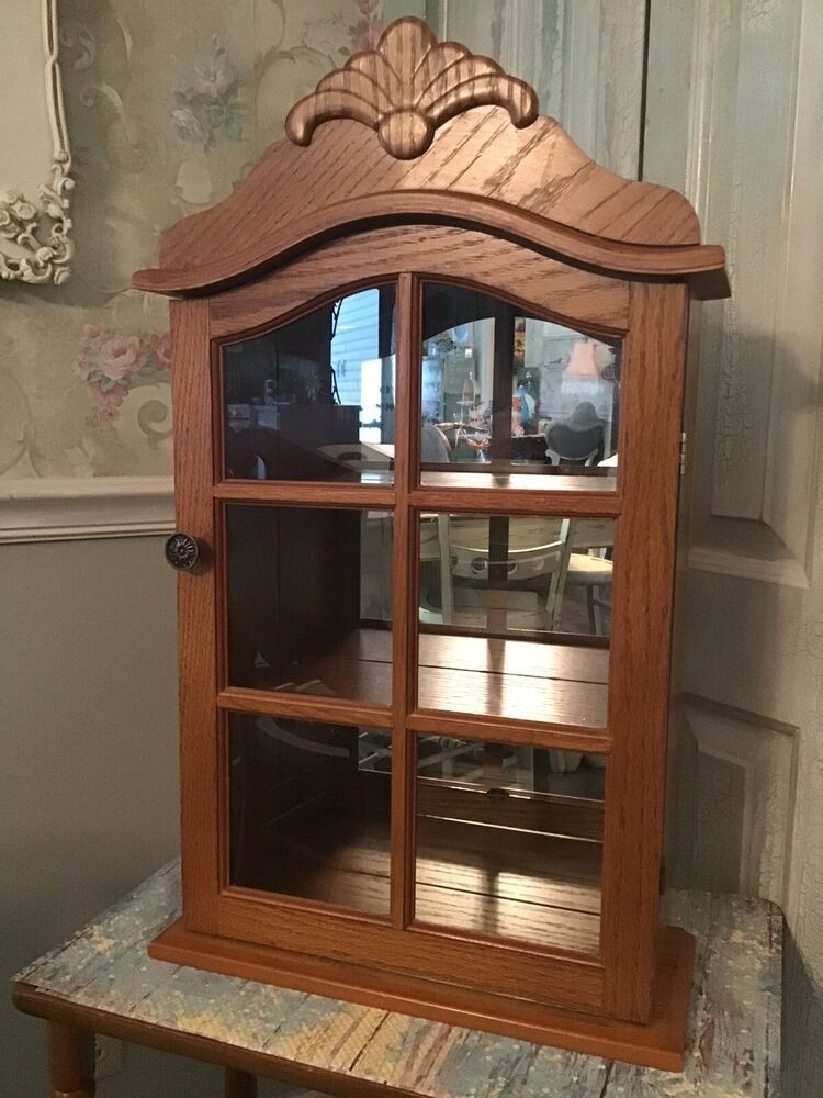 Vintage style oak curio cabinet with mirror freestanding