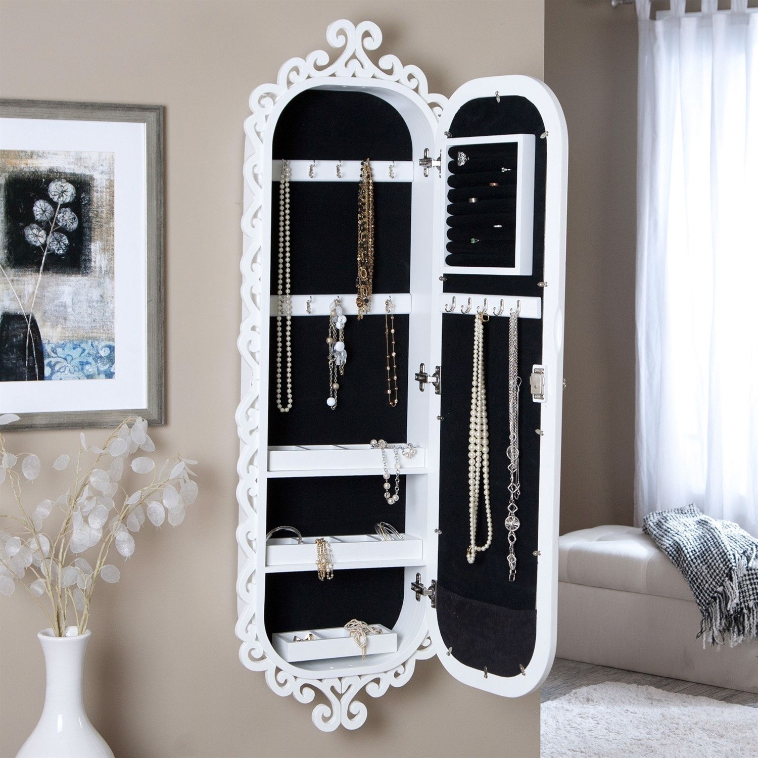 Wall mounted jewelry cabinet mirror armoire with gloss 1
