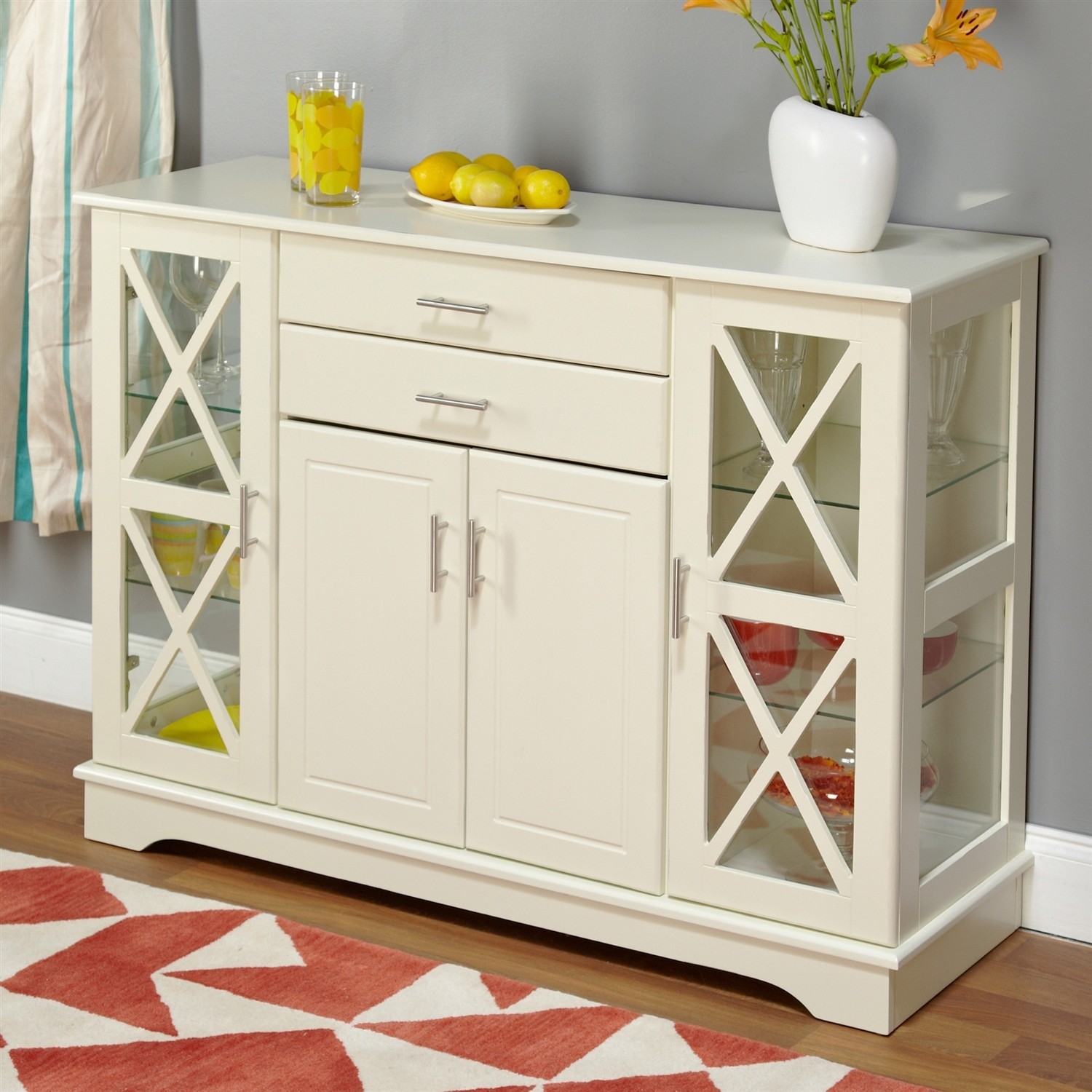White wood buffet sideboard cabinet with glass display