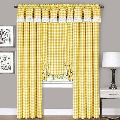 Yellow checkered plaid gingham kitchen window curtain drapes