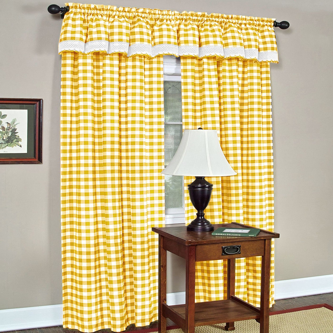 Yellow checkered plaid gingham kitchen window curtain