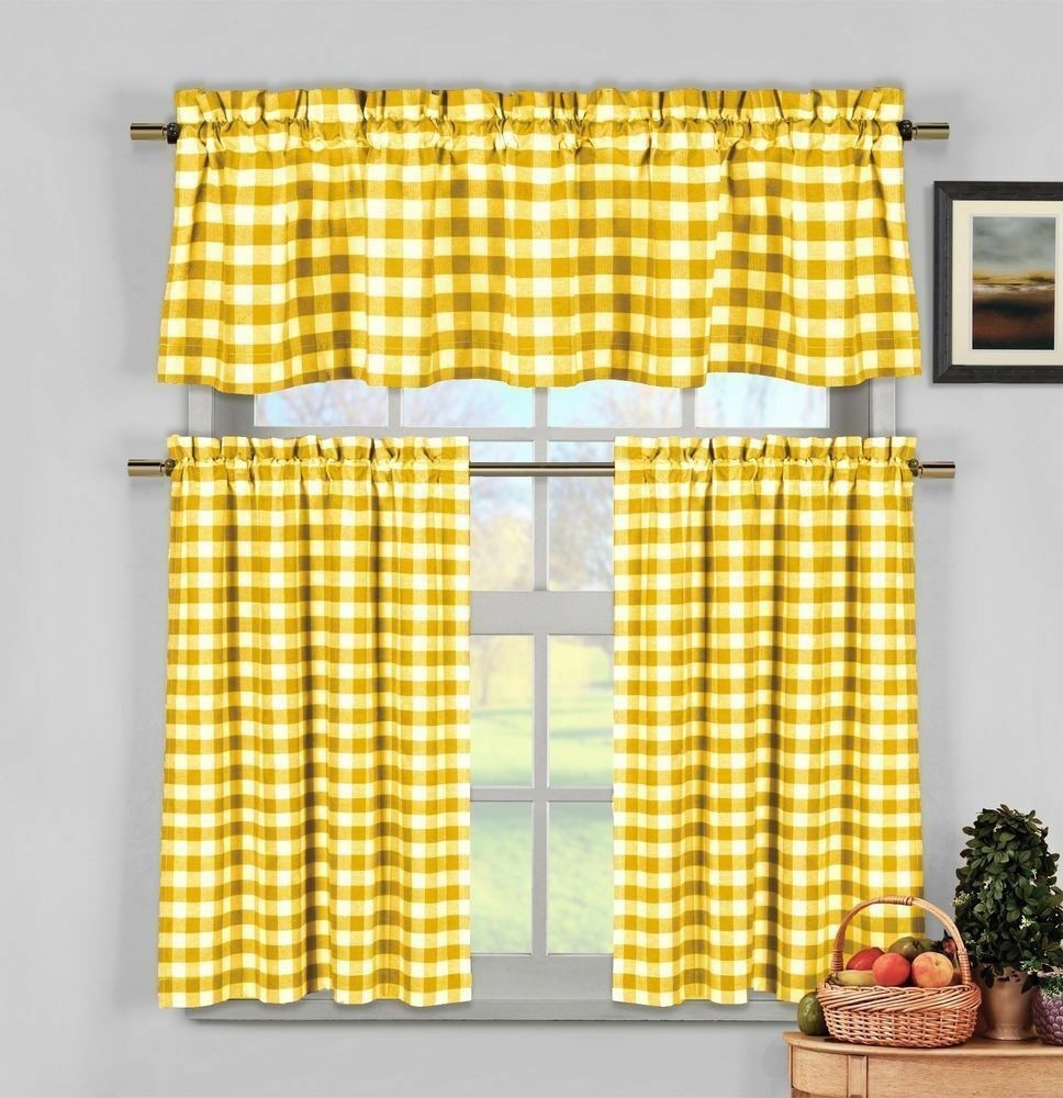 Yellow gingham checkered plaid kitchen tier curtain