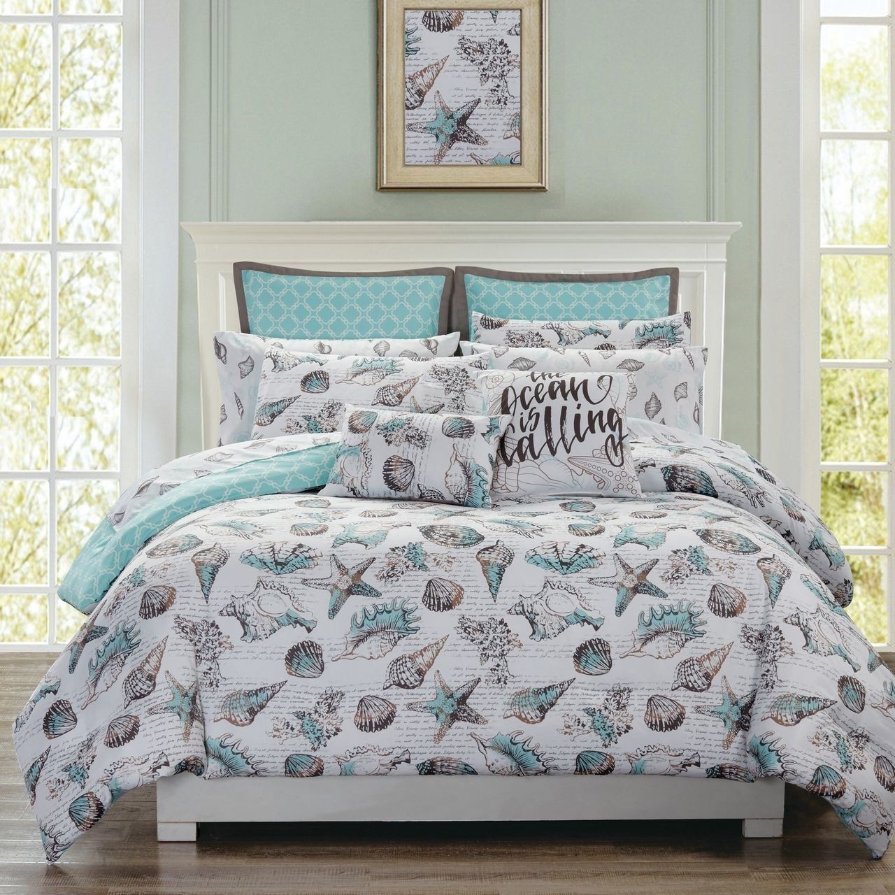 12 piece seashells aqua gray reversible comforter set with