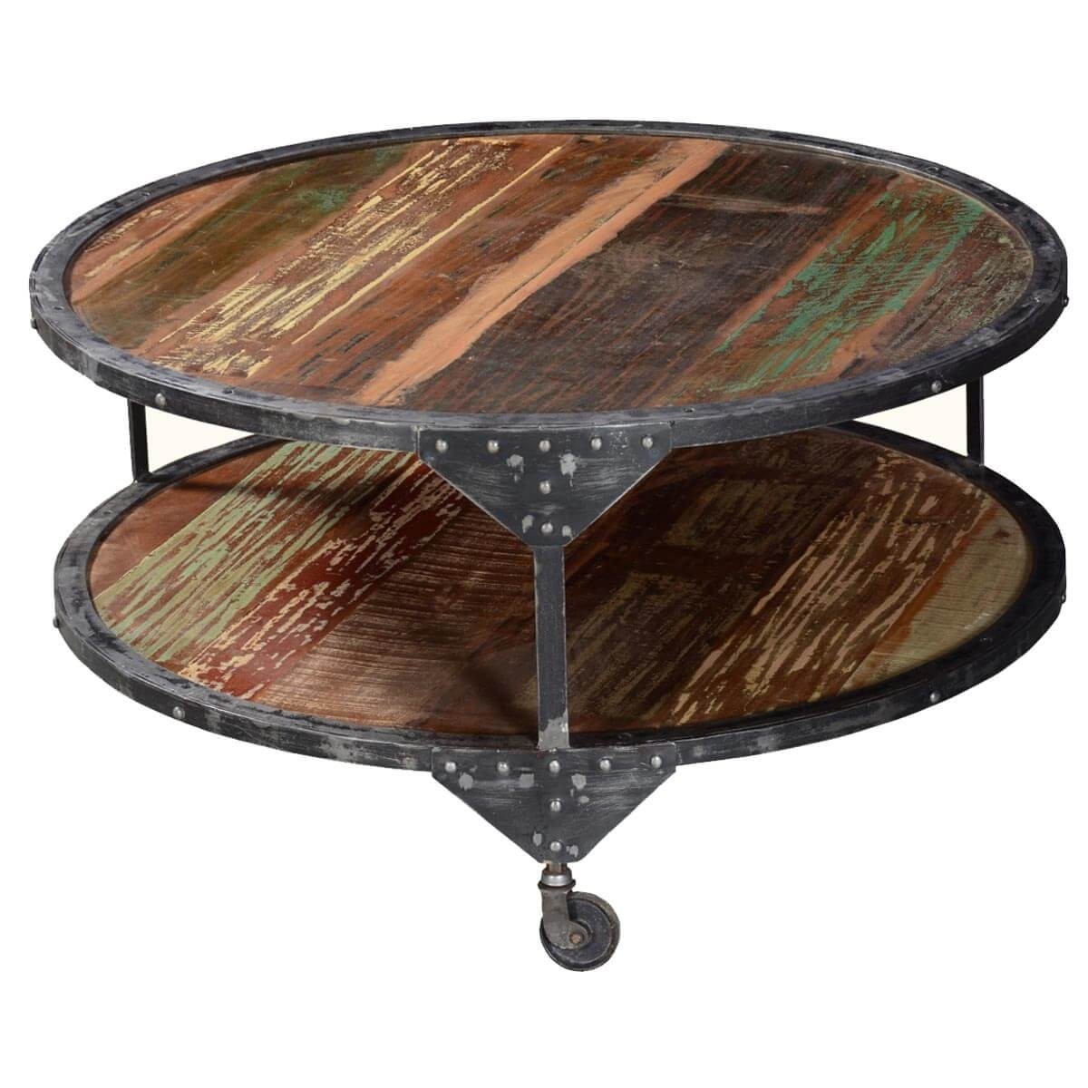 2 tier round distressed industrial coffee table