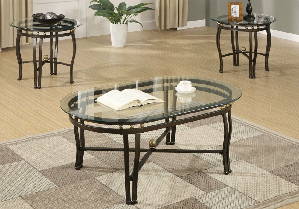 3 pieces modern oval coffee round end table set glass