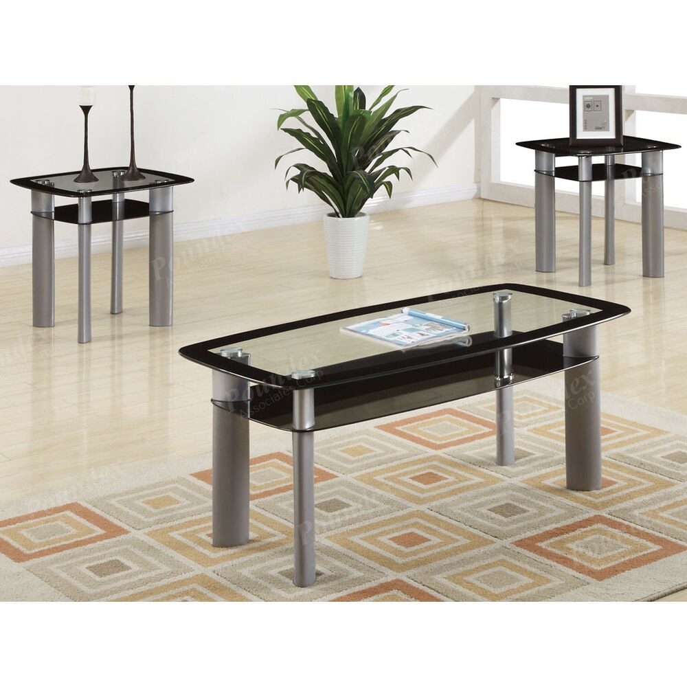 3pc black temper glass tops metal legs coffee table w
