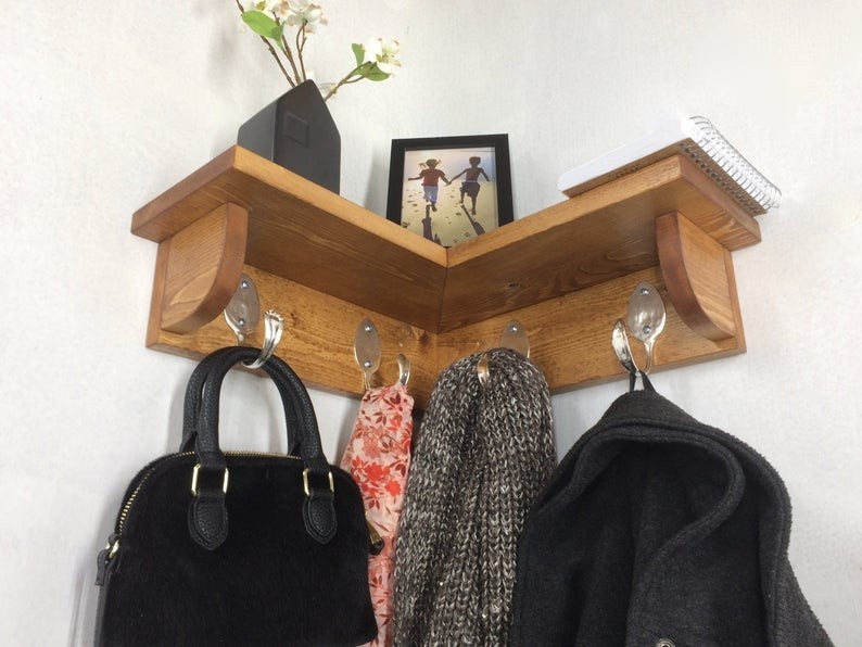4 spoon hooks coat rack with corner shelf in any