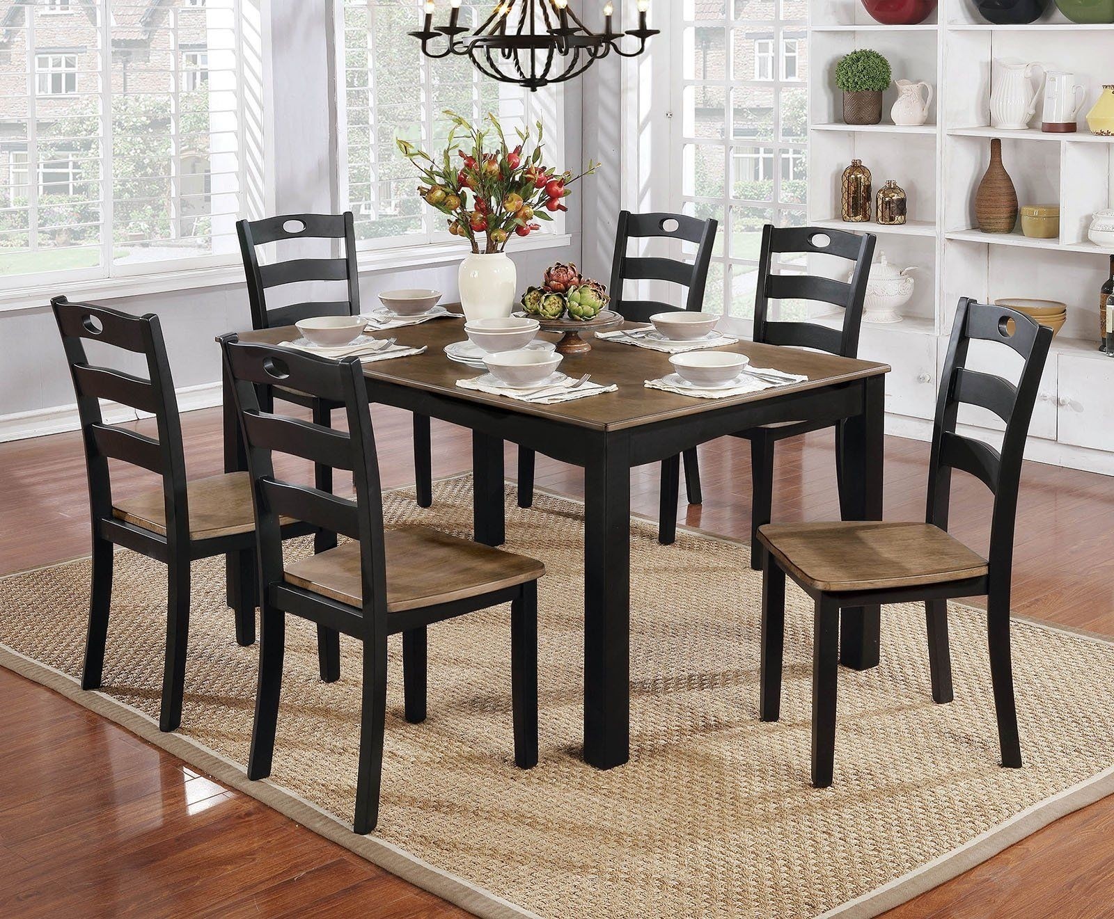 7 piece wooden dining table set in black and light