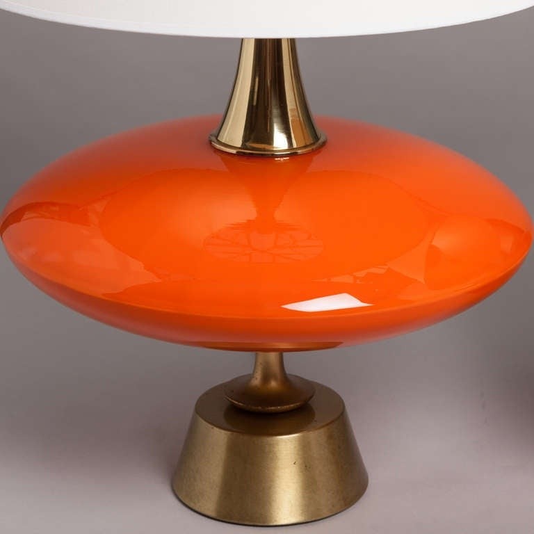 A pair of vibrant orange glass table lamps 1960s at