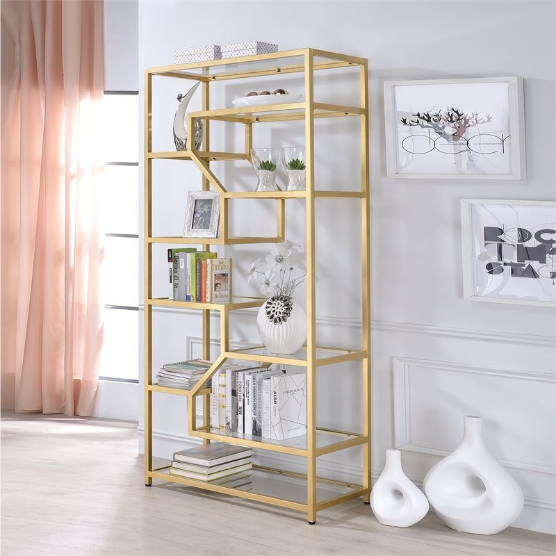 Acme lecanga cube bookcases in clear glass and gold 92480