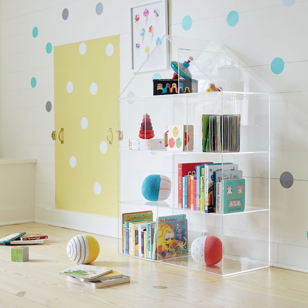 Acrylic house bookcase with images acrylic bookcase